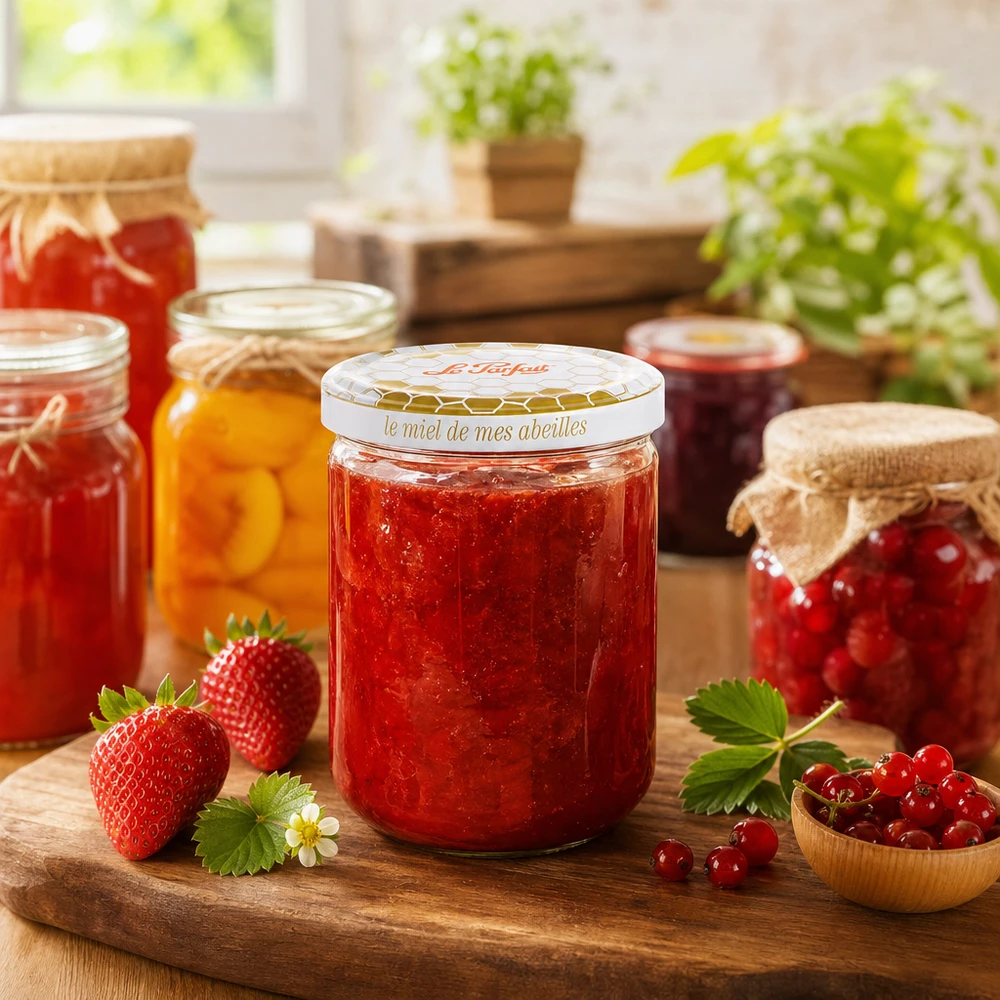 Le Parfait Honey pot de conservation 212ml rempli de confiture rouge à côté de fraises fraîches et autres bocaux de conservation