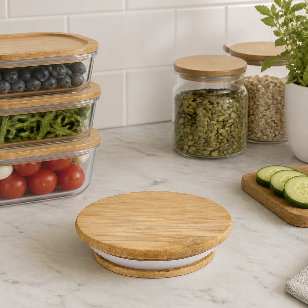 WECK Couvercle en bois RR40 Chêne version A dans une cuisine moderne avec des bocaux à provisions Lifestyle Application Rangement pratique
