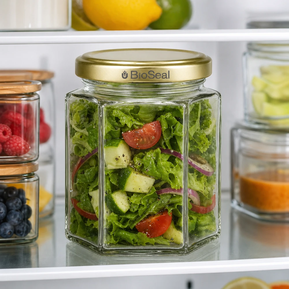 Pot à miel 250 g avec couvercle doré BioSeal UNiTWIST 250g BioSeal pot de miel rempli de salade couvercle doré Réfrigérateur Meal Prep conservation verre de réserve cuisine