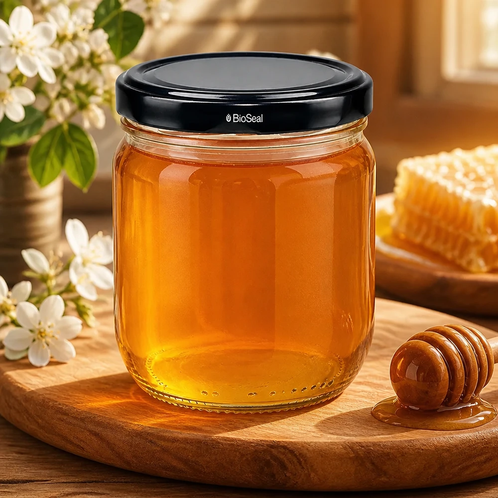Pot rond de 425 ml avec couvercle BioSeal noir rempli de miel à côté d'une cuillère à miel et de fleurs sur une planche en bois