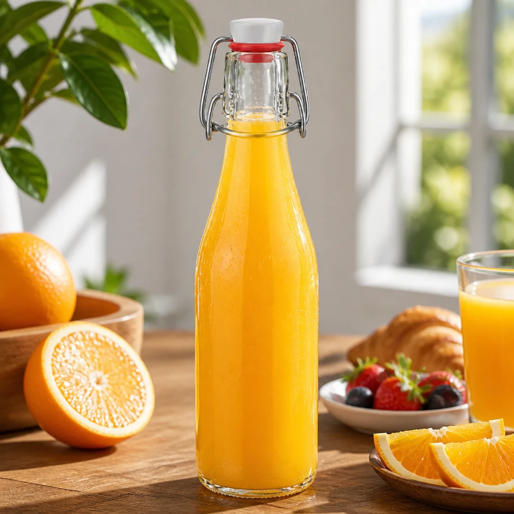 Bouteille en verre de 250 ml avec fermeture à étrier remplie de jus d'orange, scène de cuisine décorative avec des oranges et des baies fraîches