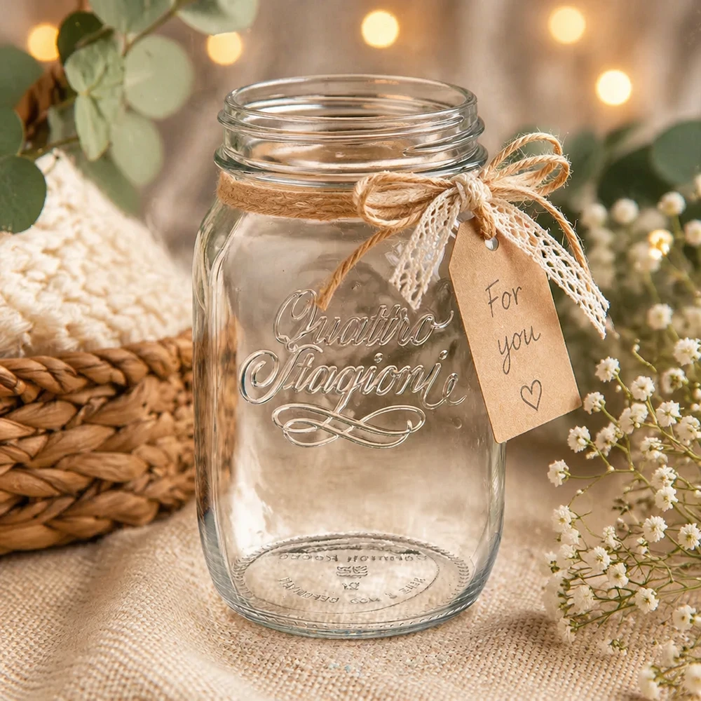 1000ml Verre rond "Quattro Stagioni" QS86mm Verre de ménage 1000ml Quattro Stagioni avec décoration rustique et pendentif For You sur fond naturel