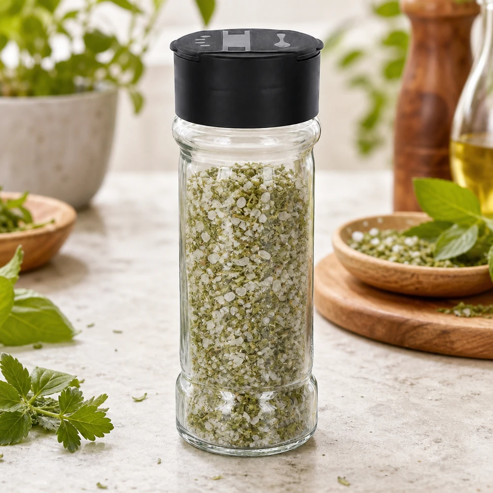Pot à sel/épices 100 ml avec double saupoudreuse, noir Pot à sel aux herbes de 100 ml avec couvercle à double saupoudreur noir sur fond de marbre clair