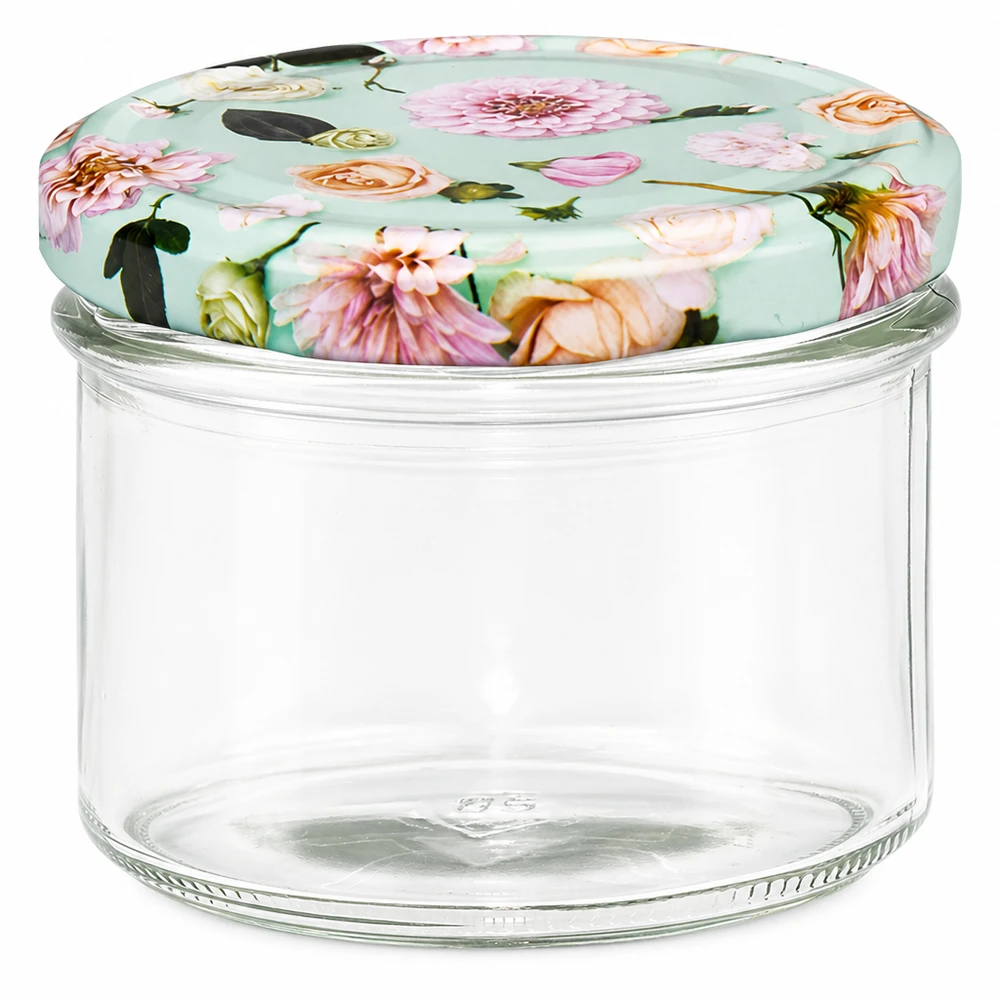 Verres de 180 ml + couvercle BasicSeal fleur de menthe UNiTWIST 225ml bocal avec couvercle BasicSeal en menthe avec motif à fleurs, bocal vide avec fermeture UNiTWIST