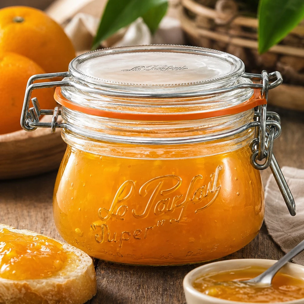 250ml Le Parfait Super Pot à provisions avec fermeture à étrier rempli de marmelade d'orange sur table en bois avec des oranges fraîches