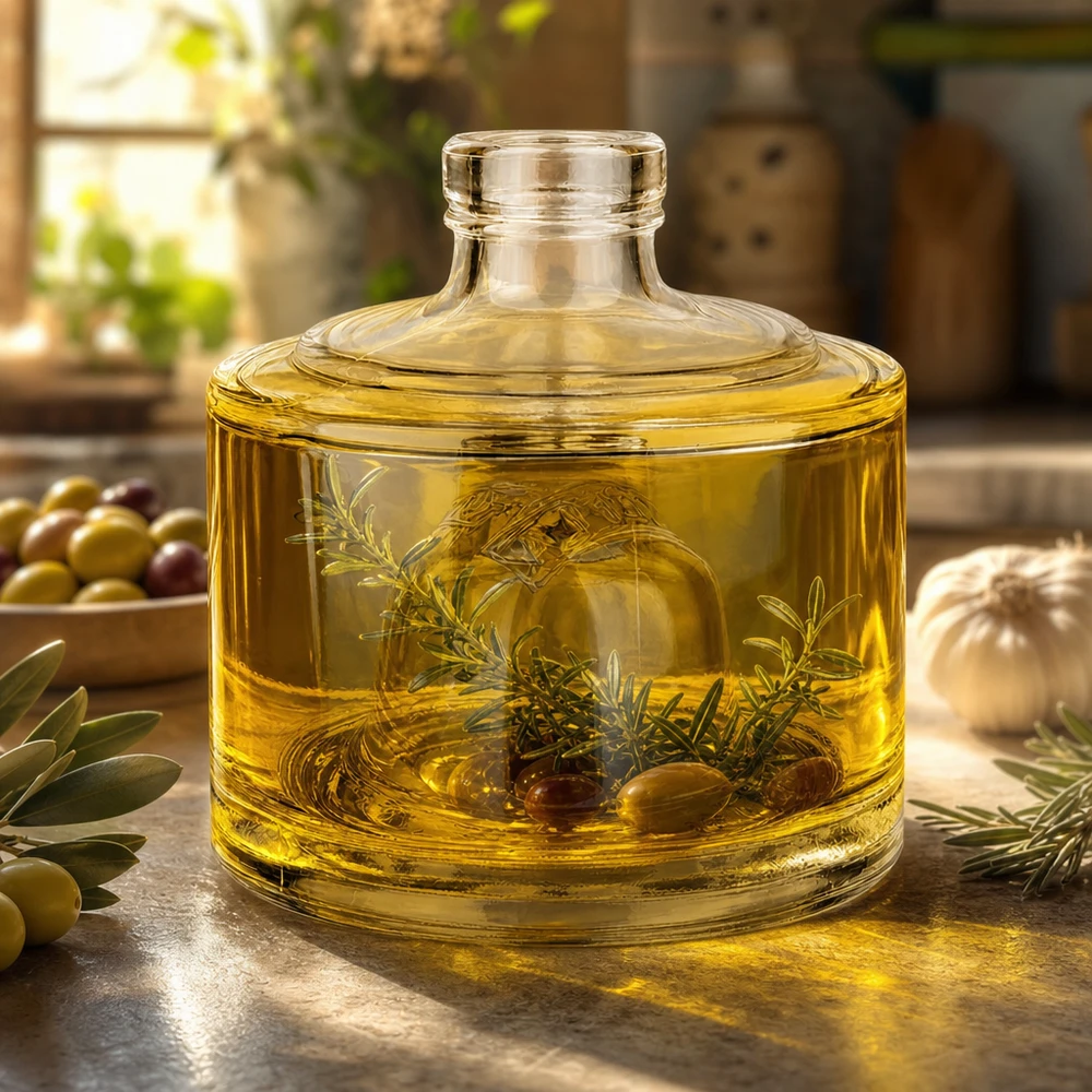 Bouteille en verre de 200ml Barbara remplie d'huile d'olive dorée et décorée d'herbes aromatiques dans la cuisine méditerranéenne Lifestyle