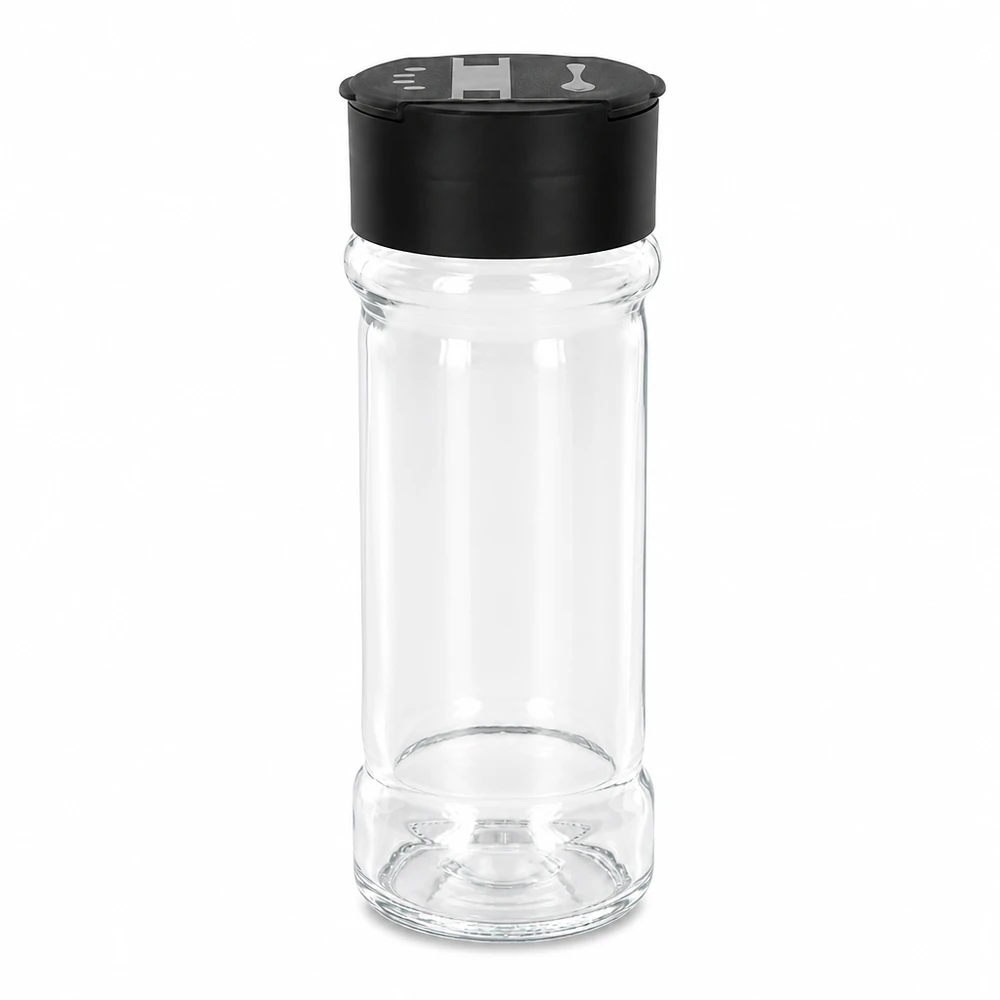 Pot à sel/épices 100 ml avec double saupoudreuse, noir Pot à sel et à épices transparent de 100 ml avec couvercle à double saupoudreuse pivotant, couleur noire