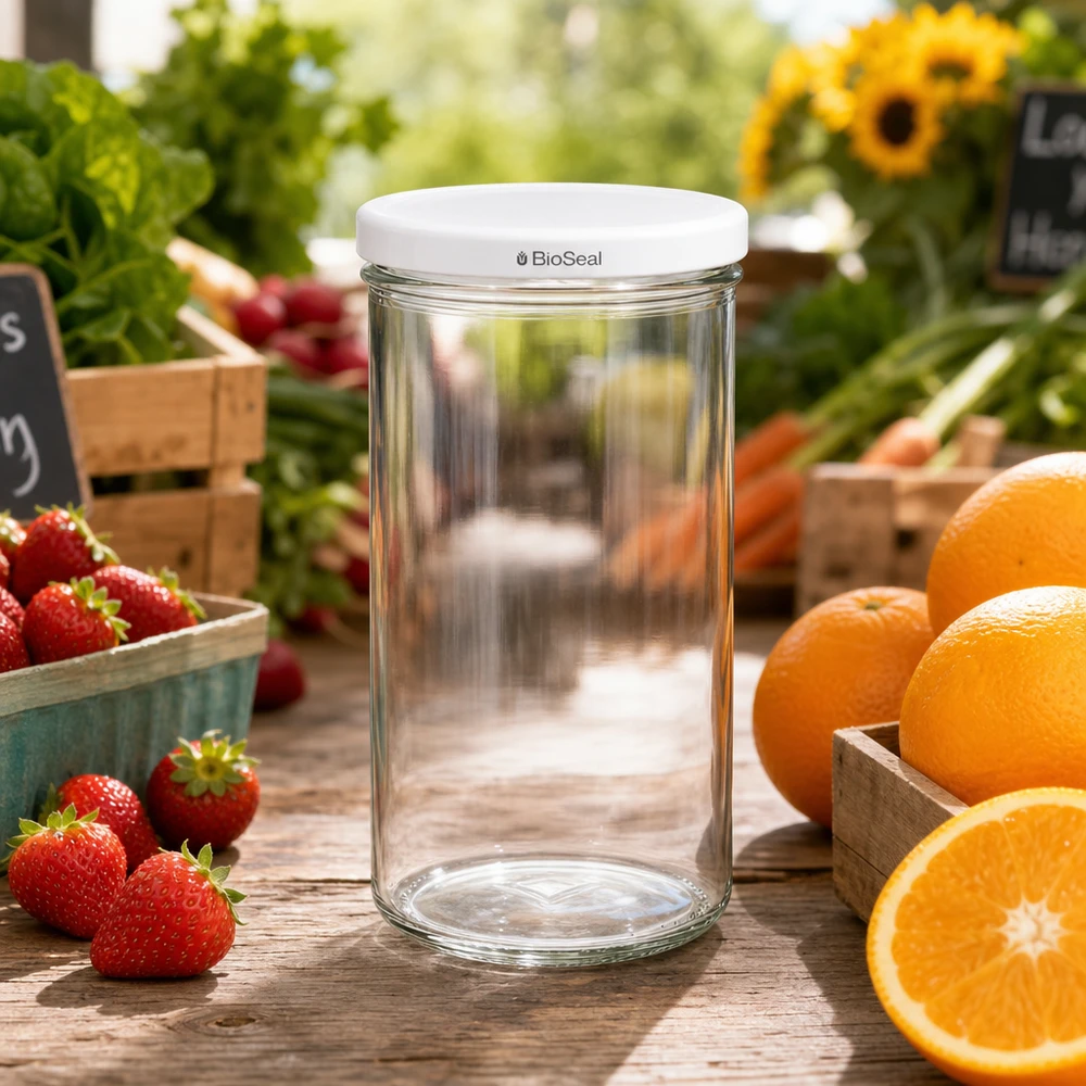 277ml Verre conique avec couvercle BioSeal blanc UNiTWIST UNiTWIST Linteau277 Verre avec couvercle BioSeal blanc entre les fruits frais Stand de marché Ambiance Conservation des aliments
