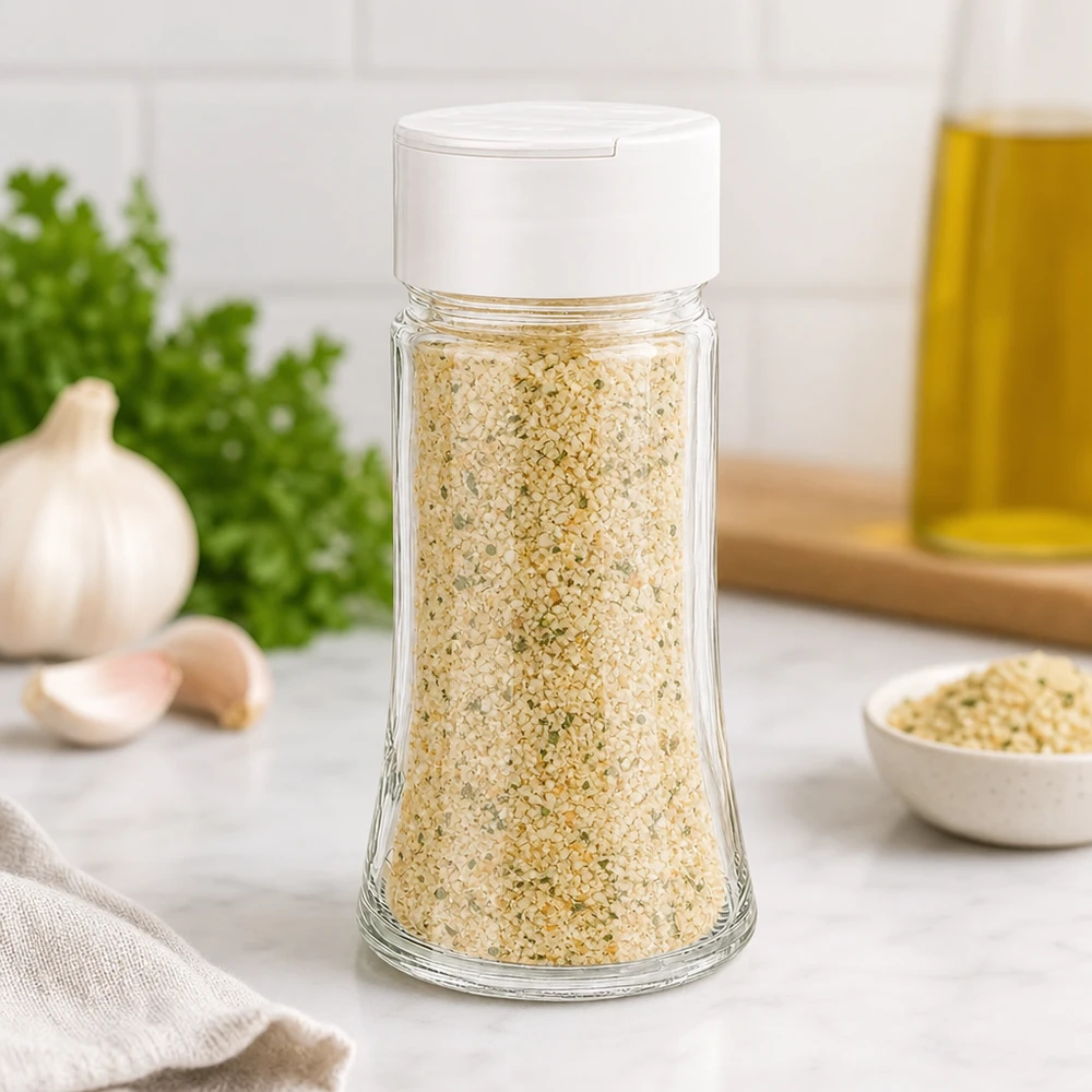 Pot à épices de 95 ml rempli de sel à l'ail, avec un couvercle blanc à double saupoudreuse, à côté de persil frais
