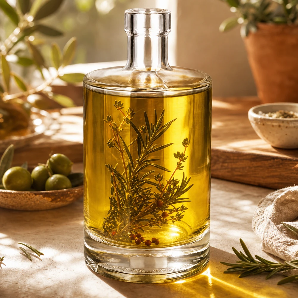 Bouteille en verre Marie de 500 ml remplie d'huile aux herbes et de branches de romarin comme exemple d'utilisation pour la cuisine et la décoration
