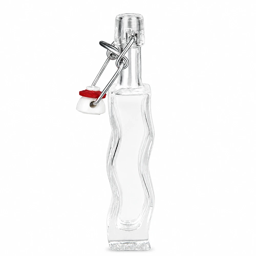 Bouteille en verre Anna de 40 ml avec joint en caoutchouc rouge sur le bouchon à étrier, vue latérale détaillée de la forme incurvée