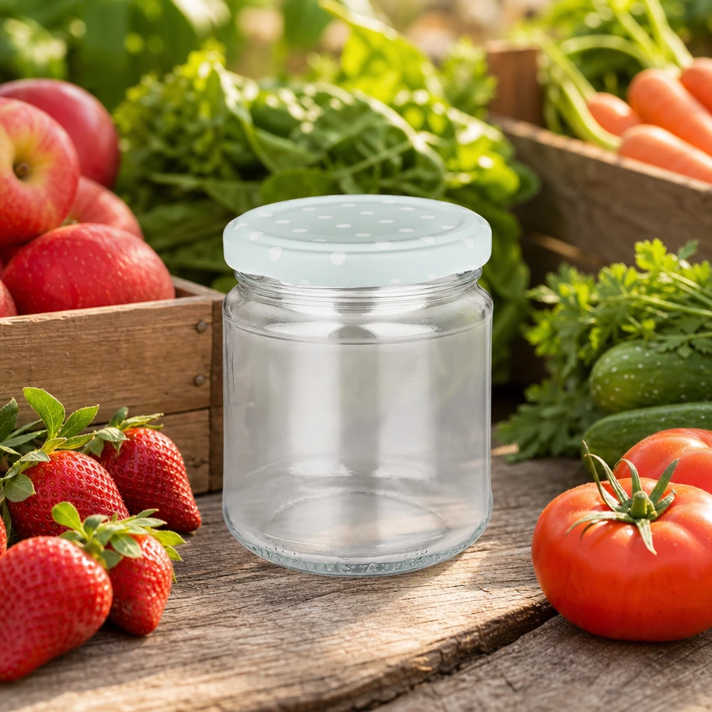 212ml bocal rond vide avec couvercle BasicSeal menthe points, bocal de stockage entre les légumes frais et les fruits dans le jardin
