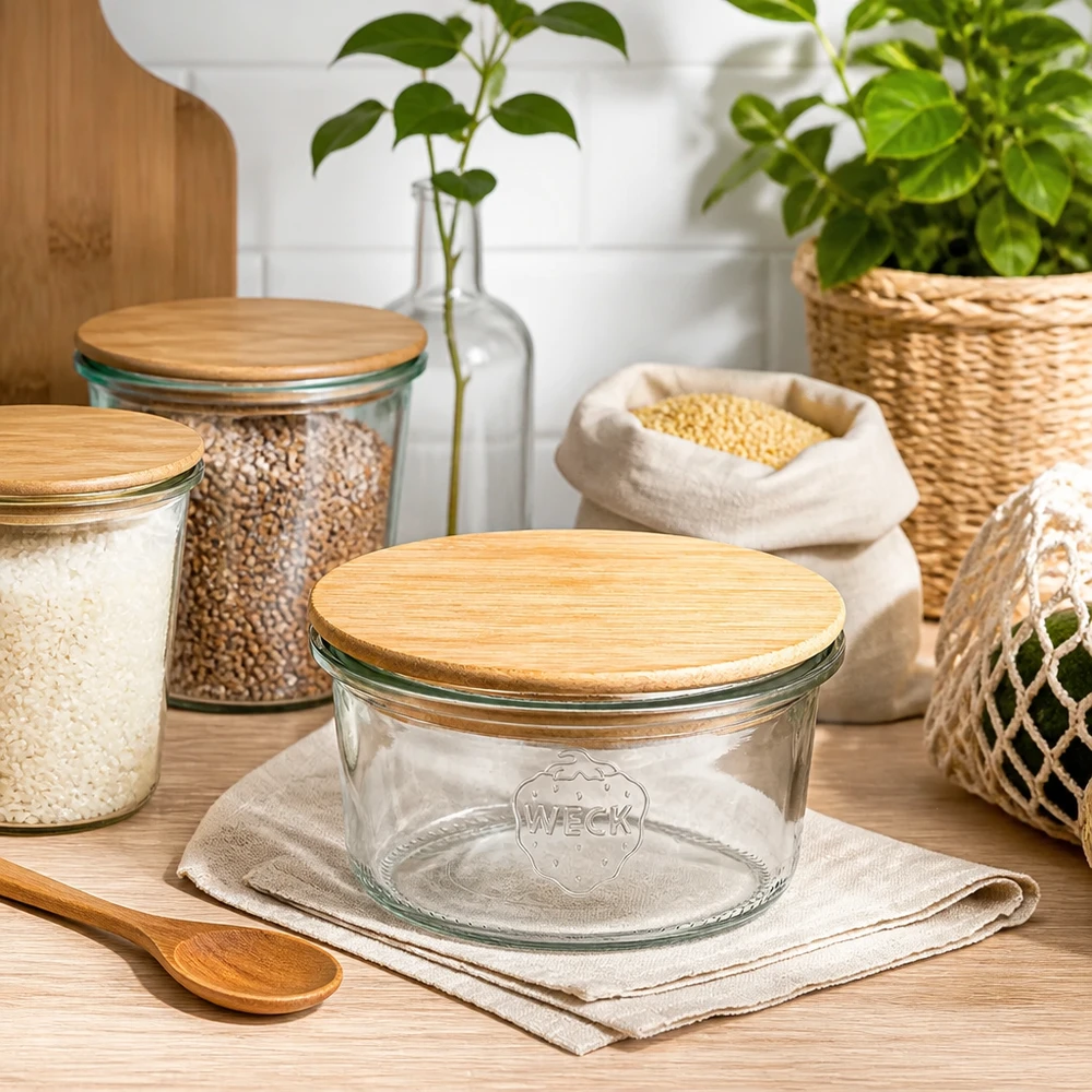 165ml bocal conique WECK RR80 avec couvercle en bois WECK Pot renversé RR80 165ml vide avec couvercle en bambou dans la cuisine durable Zero-Waste avec bocaux à provisions