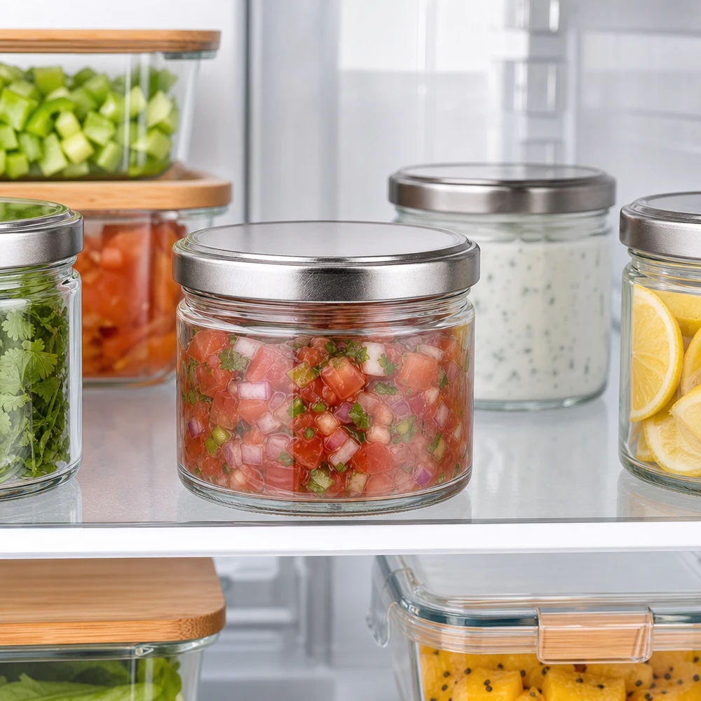 540ml Verre rond avec couvercle BasicSeal argent UNiTWIST Pots ronds de 540ml avec couvercles argentés dans le réfrigérateur, Meal Prep Container pour salsa et légumes prédécoupés