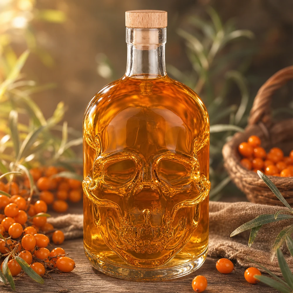 Bouteille en verre 700 ml « Jack » avec bouchon en bois UNiTWIST® Totenkopf-Glasflasche 700ml mit orangefarbenem Inhalt zwischen Sanddornbeeren und Olivenzweigen dekoriert