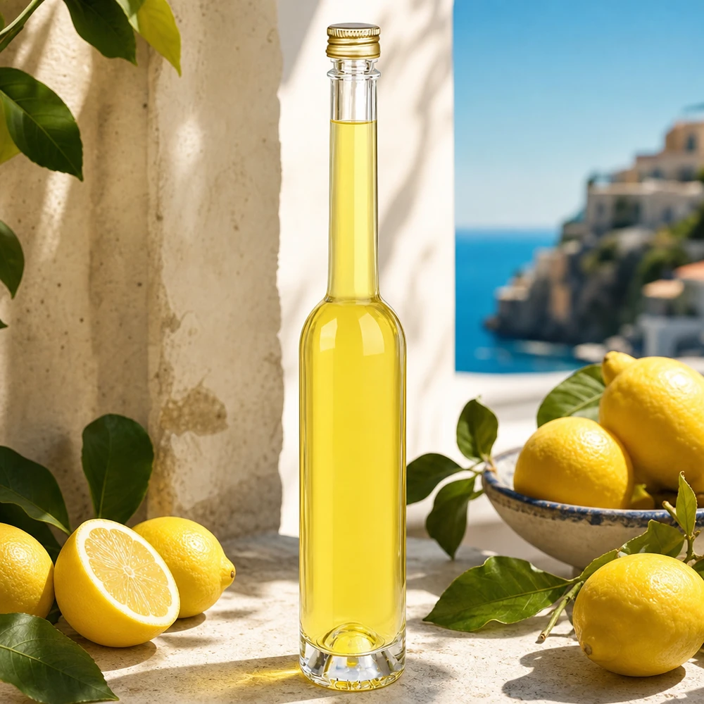 Bouteille en verre 100 ml « Toni » et bouchon à vis argenté UNiTWIST® Bouteille en verre Toni de 100 ml remplie de liqueur de citron - bouchon en or UNiTWIST dans un décor méditerranéen avec des citrons