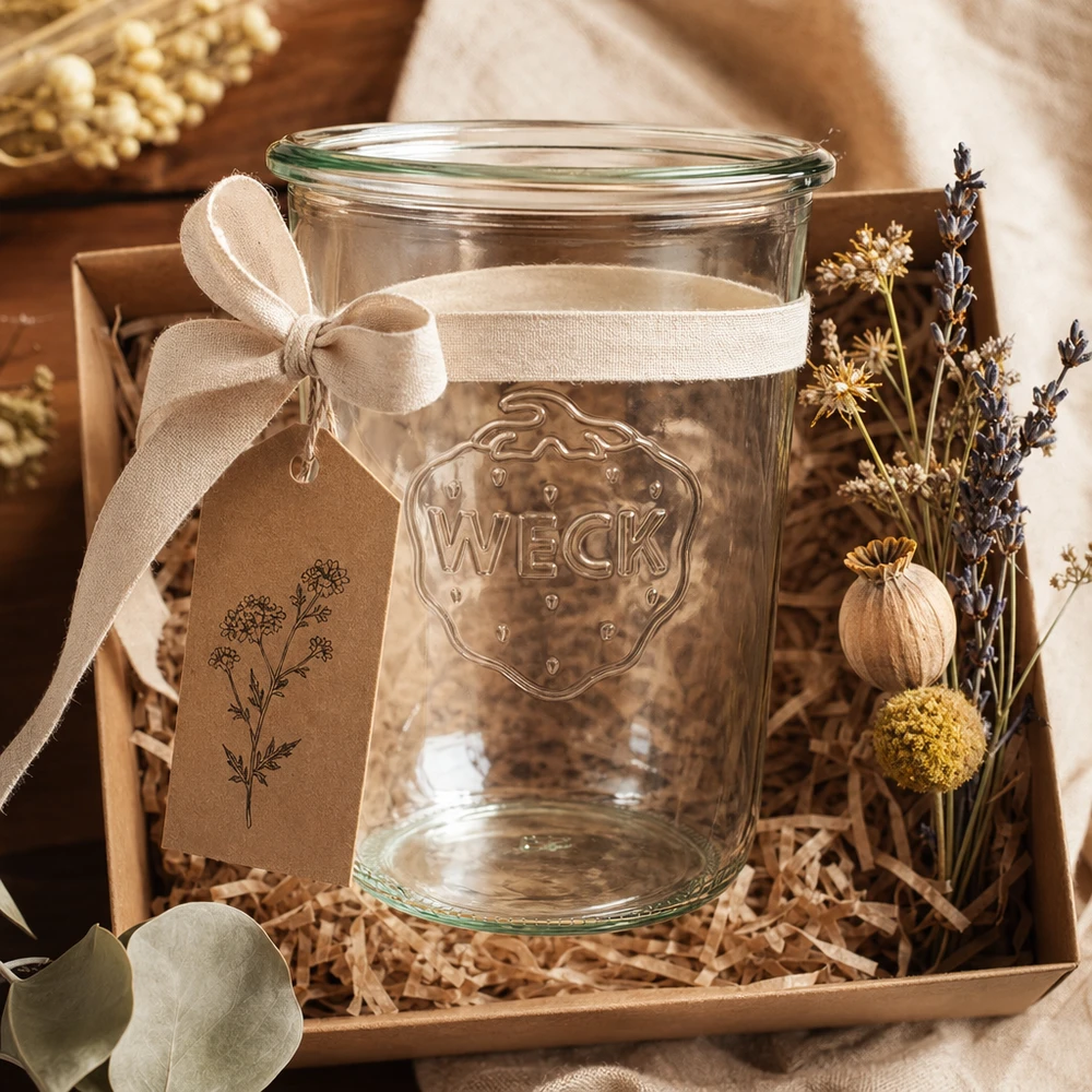 850ml bocal conique WECK RR100 850ml WECK Pot renversé RR100 avec ruban et fleurs séchées en boîte cadeau sur fond bois