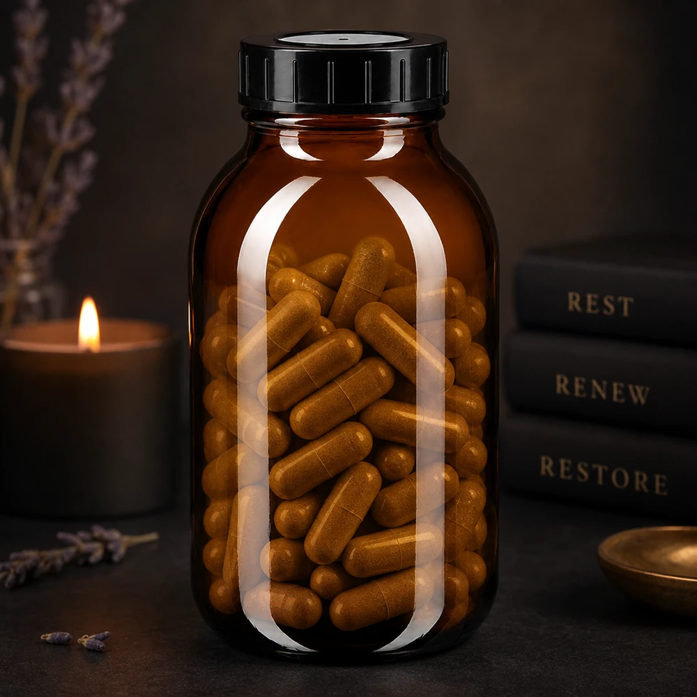 Bouteille à col large 500ml en verre brun avec couvercle noir parfaite pour les gélules et les comprimés