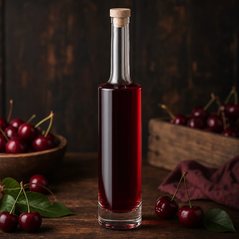 Bouteille en verre 500 ml « Rosa » avec bouchon en bois UNiTWIST® 500ml Glasflasche Rosa mit rotem Kirschlikör gefüllt umgeben von frischen Kirschen auf rustikalem Holztisch