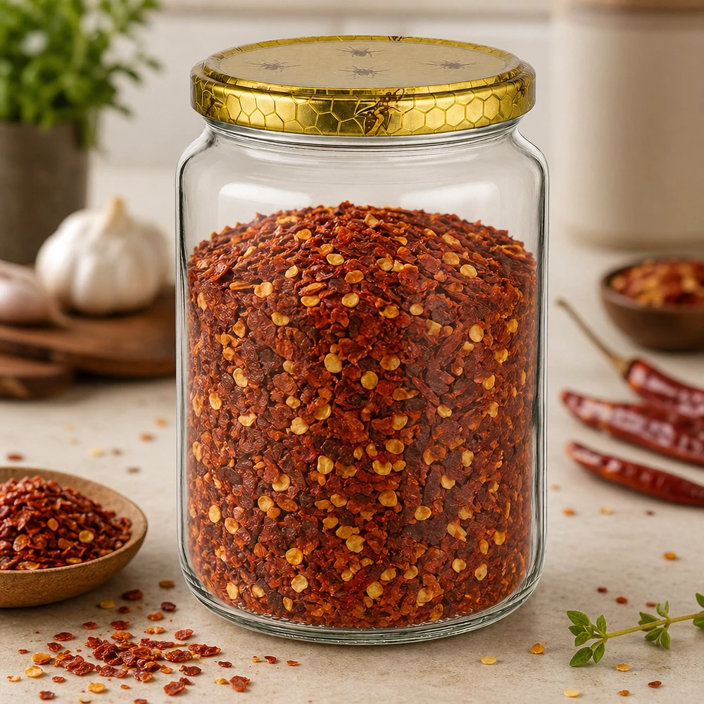 Pot à miel 1000 g avec couvercle motif rayon de miel BasicSeal UNiTWIST Pot de miel de 1000g avec couvercle en nid d'abeille rempli de flocons de piment et d'épices sur table en bois Cuisine Matériel d'apiculture