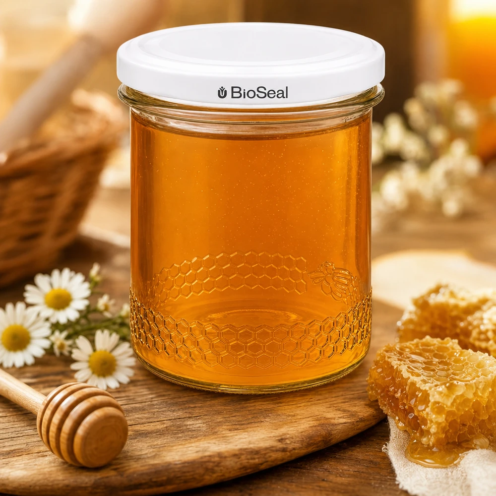 Pot à miel 560 g avec couvercle blanc BioSeal UNiTWIST Pot à miel UNiTWIST de 400 ml rempli de miel à côté de rayons d'abeilles et de dipper de miel montre l'atmosphère traditionnelle de l'apiculture