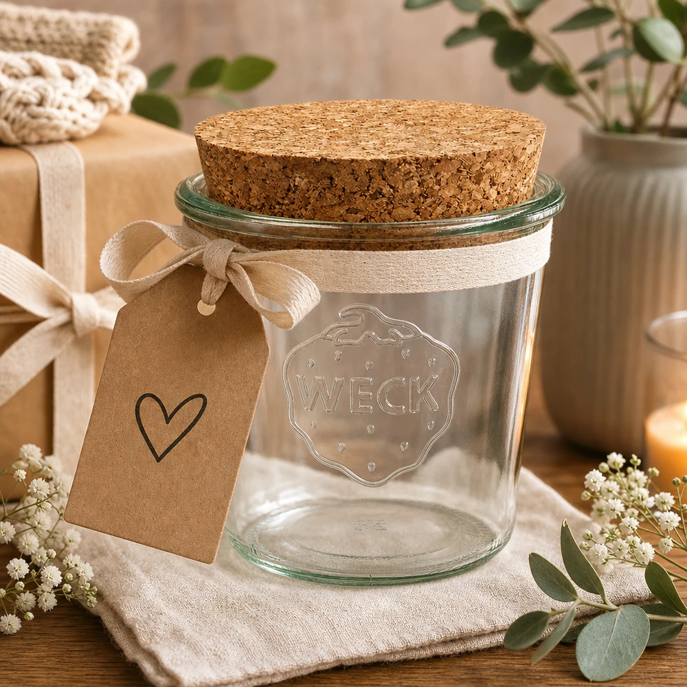 580ml bocal conique WECK RR100 avec bouchon nature WECK Verre renversé 580ml RR100 comme idée de cadeau avec un pendentif en forme de cœur et un ruban arrangé dans une décoration de table naturelle