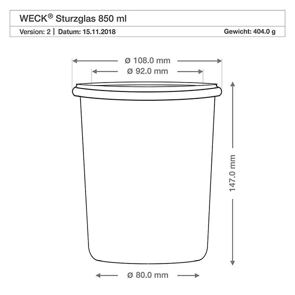 850ml bocal conique WECK RR100 avec bouchon nature WECK Verre renversé 850ml RR100 dessin technique avec dimensions diamètre 108mm hauteur 147mm poids 404g