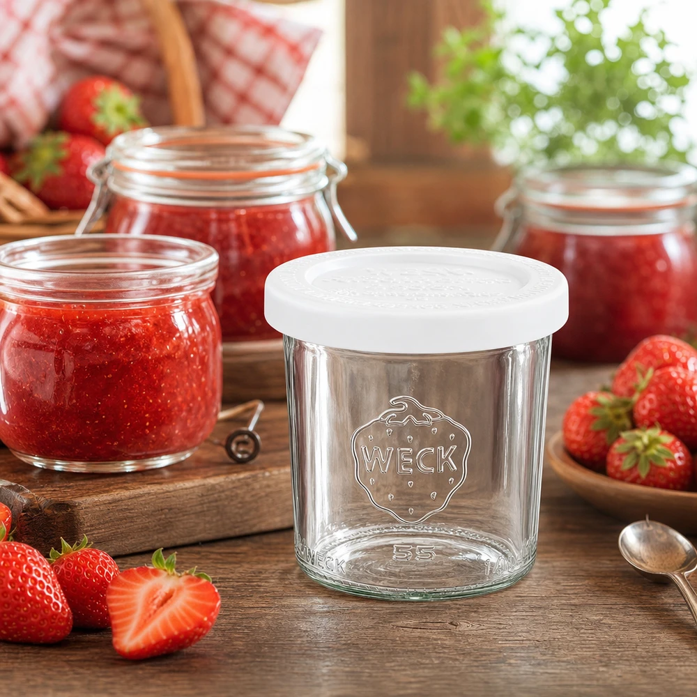 Bocal en verre de 140 ml avec couvercle hermétique WECK RR60 WECK Pot de conservation 140ml avec fraises et confiture sur table en bois - Pot renversé RR60 pour confitures et pâtes à tartiner