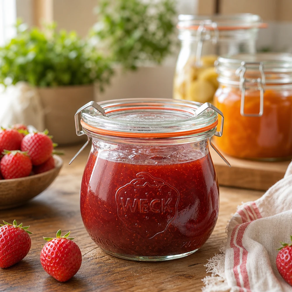 WECK Pot tulipe 75ml rempli de confiture de fraise dans une scène de cuisine rustique avec des fraises fraîches et des pots de confiture