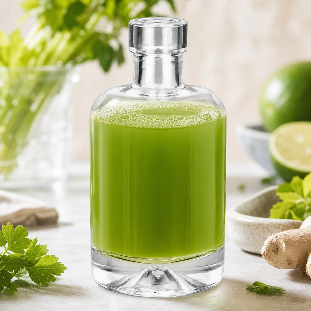 Flacon en verre 50 ml « 50ml Glasflasche "Amelie" ohne Verschluss UNiTWIST » sans bouchon UNiTWIST® Bouteille en verre Amelie de 50 ml remplie d'extrait d'herbes vertes à côté d'herbes fraîches et de citron vert montre l'application de cosmétique naturelle