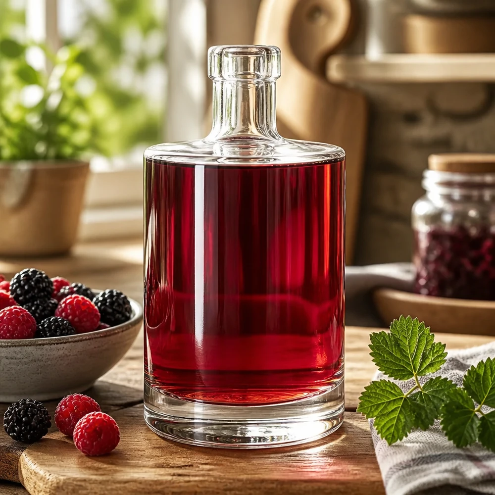 500ml Glasflasche Marie gefüllt mit rotem Beerenlikör umgeben von frischen Himbeeren und Brombeeren als Dekoidee