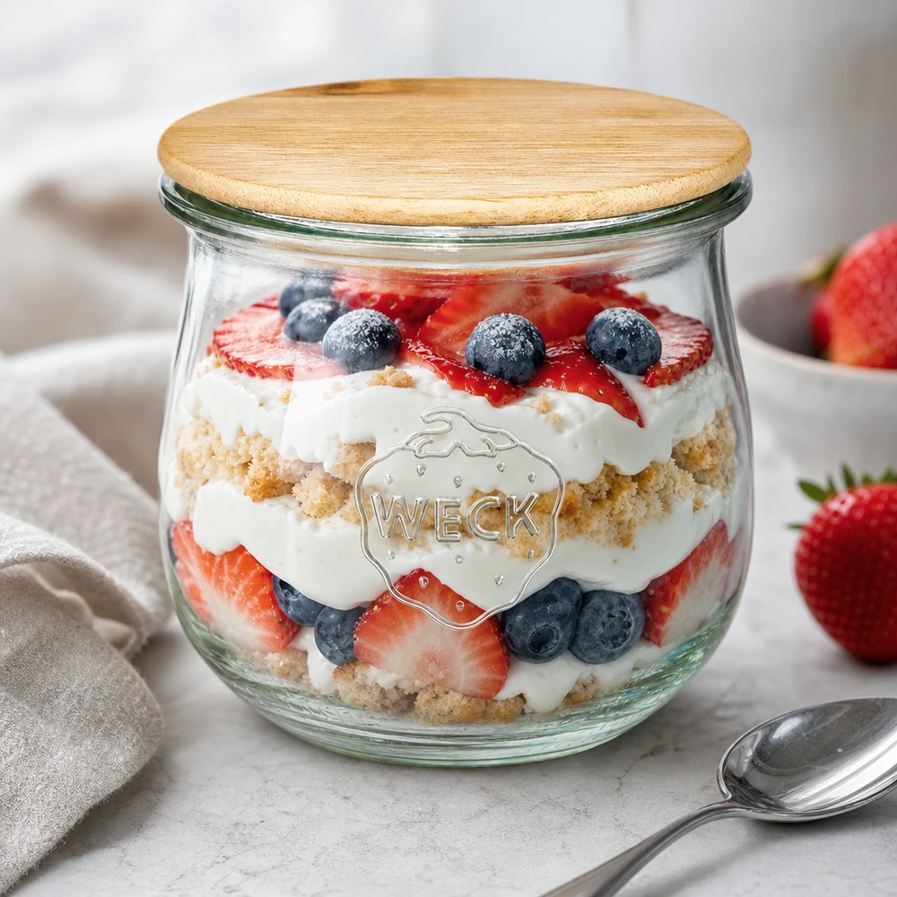 WECK Pot tulipe 370ml RR80 avec couvercle en bois comme verre à dessert rempli de trifle de baies et de crème sur une surface blanche