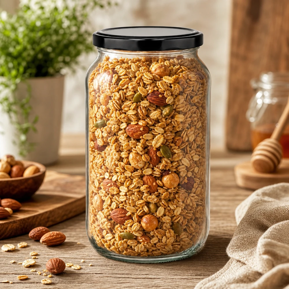 Bocal rond de 1062ml rempli de céréales et de noix - grand bocal de stockage avec couvercle noir pour aliments secs