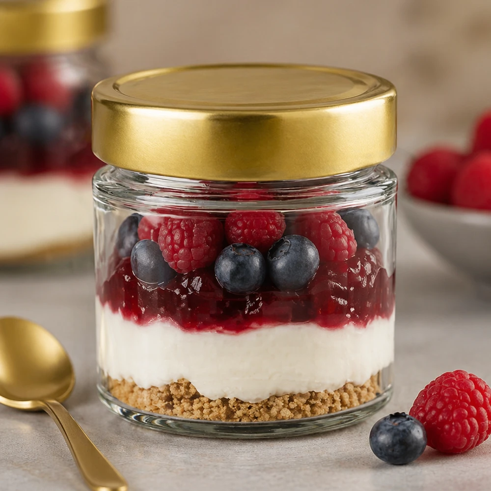 154ml Verre rond BasicSeal or rempli de dessert Yaourt Baies Myrtilles Framboises Crumble Dessert en couches