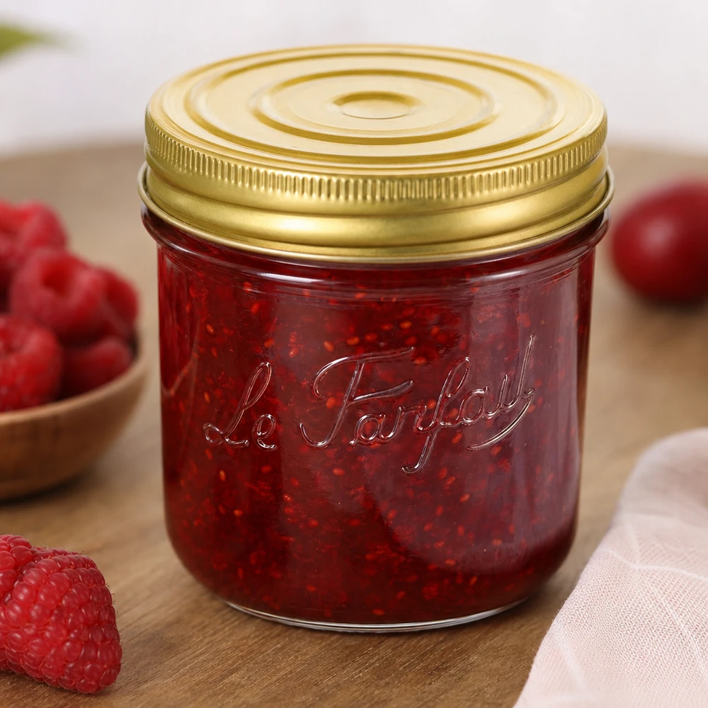 415ml pot Familia Wiss avec couvercle doré rempli de confiture rouge à côté de fraises fraîches sur table en bois