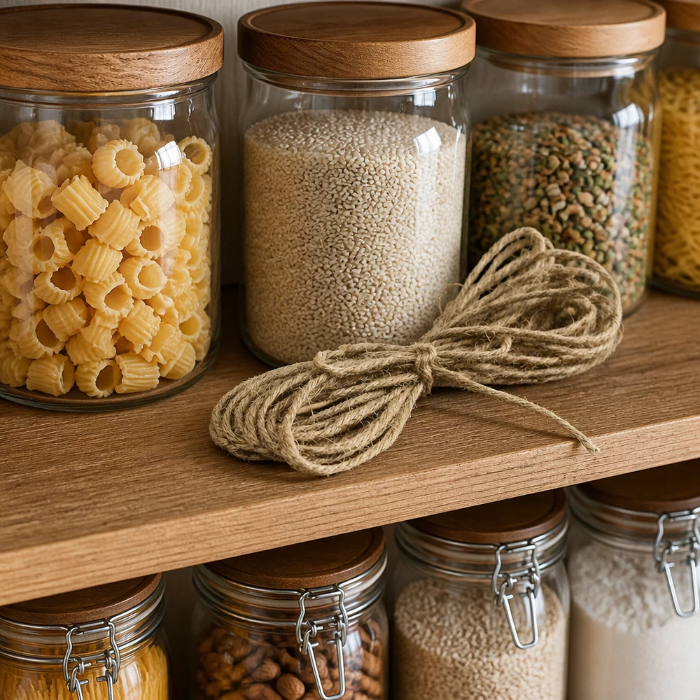 Cordon naturel pour la décoration, 300 cm de long Cordon naturel de jute 300cm décoratif dans la cuisine avec des boîtes en verre et des étagères en bois comme décoration naturelle