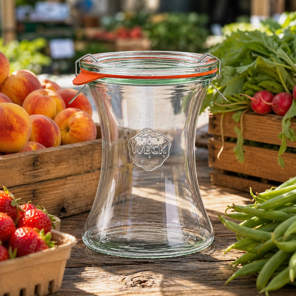 Bocal en verre de 370 ml, modèle WECK RR80 complet WECK Pot d'épicerie fine 370ml RR80 sur table en bois avec fruits frais légumes stand de marché atmosphère présentation naturelle