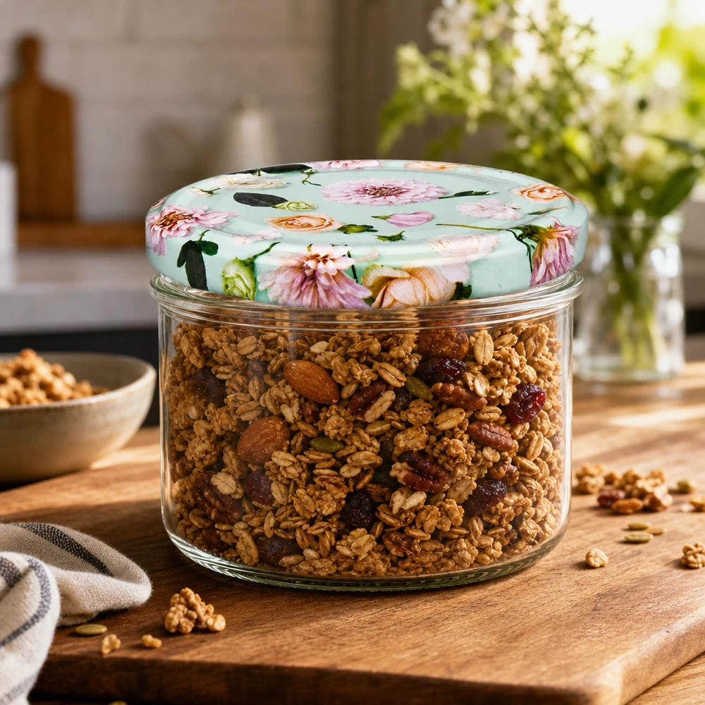 Céréales en pot cylindrique de 230ml avec couvercle BasicSeal fleur menthe sur planche en bois - pot de conservation pour décoration de cuisine