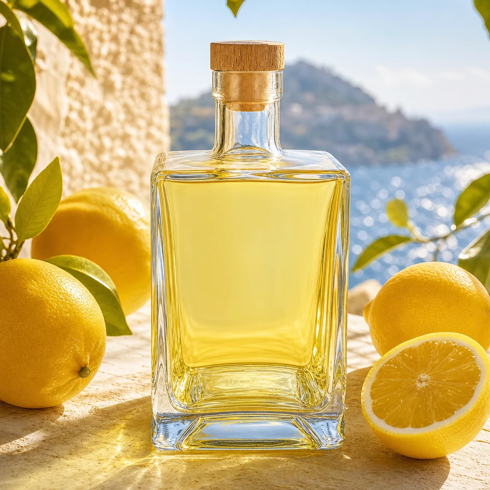 Bouteille en verre Ben de 700 ml remplie de liqueur jaune entre des citrons dans un décor méditerranéen avec bouchon en liège