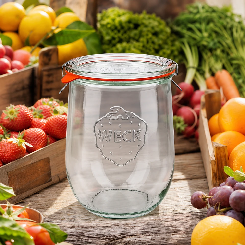 1062ml bocal tulipe complet WECK RR100 WECK Pot tulipe 1062ml RR100 avec fermeture à étrier au milieu de fruits et légumes frais sur table en bois Stand de marché