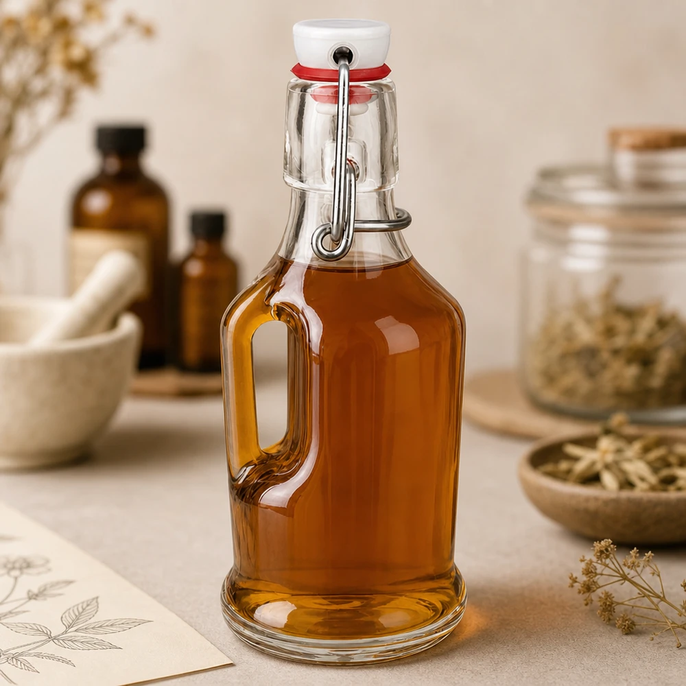 Bouteille en verre 200 ml « Bertha » et bouchon à étrier en PVC UNiTWIST® Bouteille en verre Bertha 200ml remplie d'ambre, scène de cuisine naturelle avec des herbes et des épices, bouchon UNiTWIST