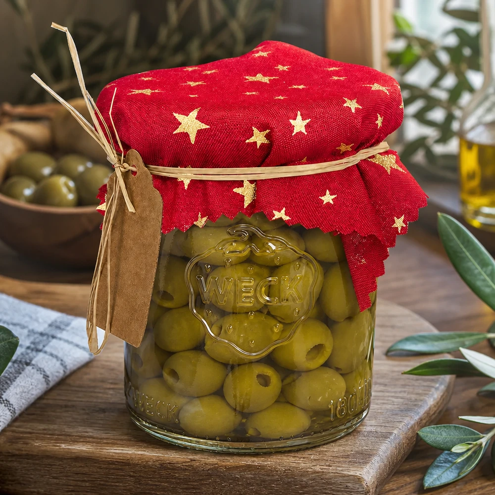 Couvercle en tissu étoiles rouge 120x120mm carré Tissu napperon rouge motif étoiles 12cm sur verre à olives décoration de cuisine méditerranéenne bocal avec pendentif