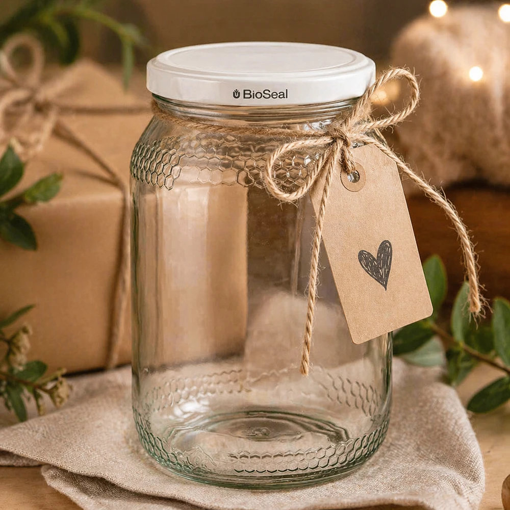 Pot à miel 1260 g avec couvercle blanc BioSeal UNiTWIST Pot de miel de 900 ml avec couvercle BioSeal et ficelle de jute comme emballage cadeau sur toile de lin avec pendentif en papier kraft