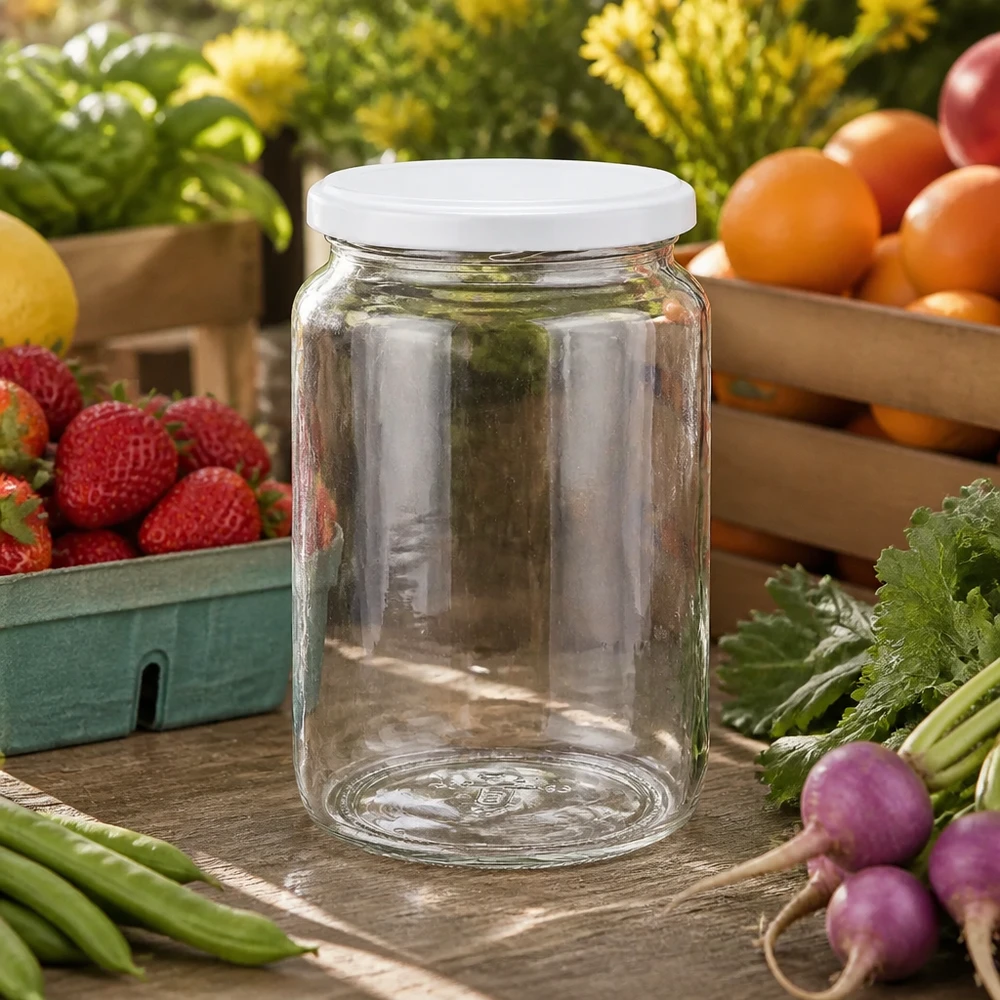 795ml Verre rond avec couvercle BasicSeal blanc UNiTWIST Klares 795ml Rundglas mit weißem Deckel inmitten von frischem Obst und Gemüse - perfekt für Marmelade und Eingemachtes