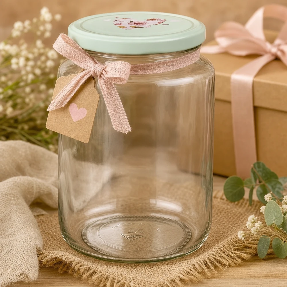 Verre rond de 795 ml avec couvercle à cœur BasicSeal menthe décoré d'un ruban rose et d'une étiquette cadeau comme idée de cadeau
