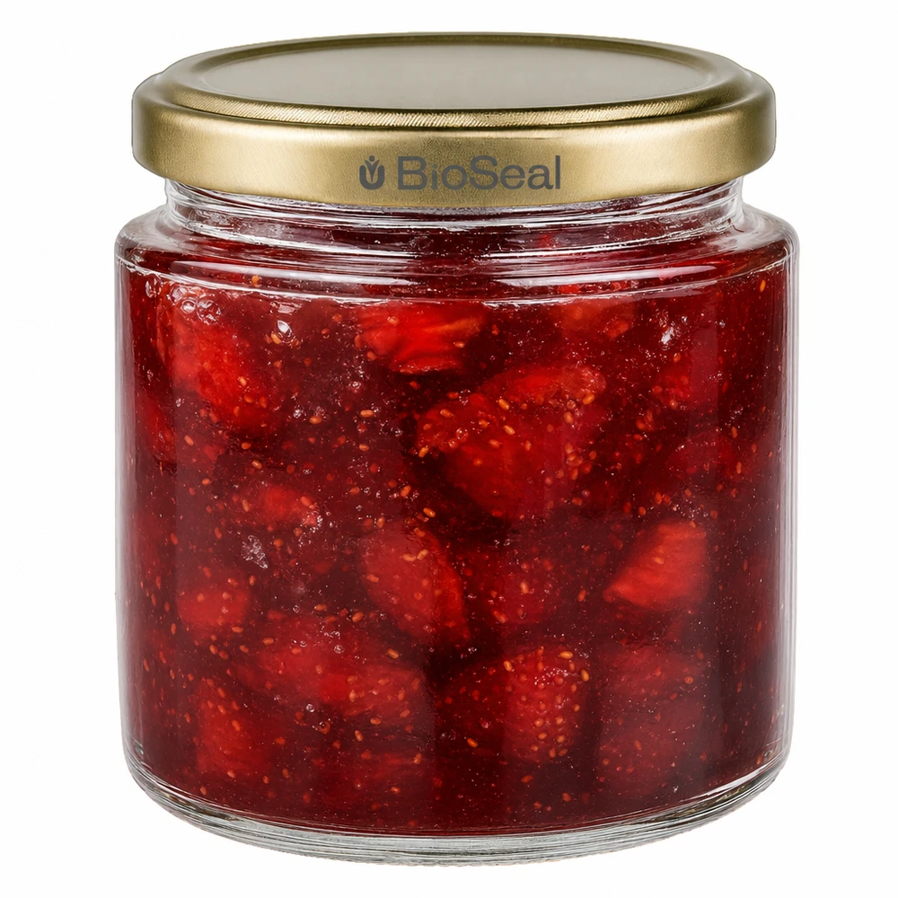 Pot à miel 350 g avec couvercle doré BioSeal UNiTWIST BioSeal pot de miel de 250ml avec confiture de fraise faite maison, couvercle doré UNiTWIST pour confiture et pâte à tartiner aux fruits