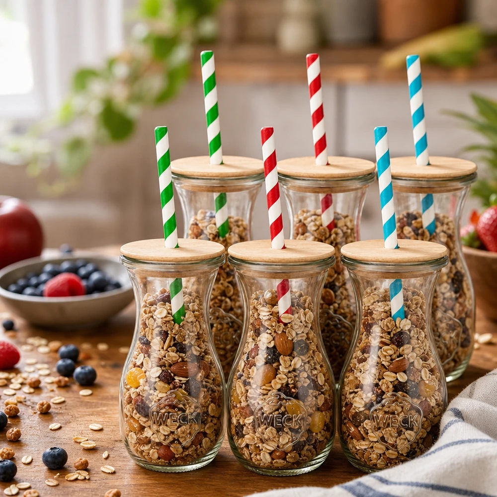 WECK Bouteilles de jus 290ml remplies de noix de céréales comme bocaux de stockage Couvercle en bois Paille en papier multicolore Décoration de cuisine