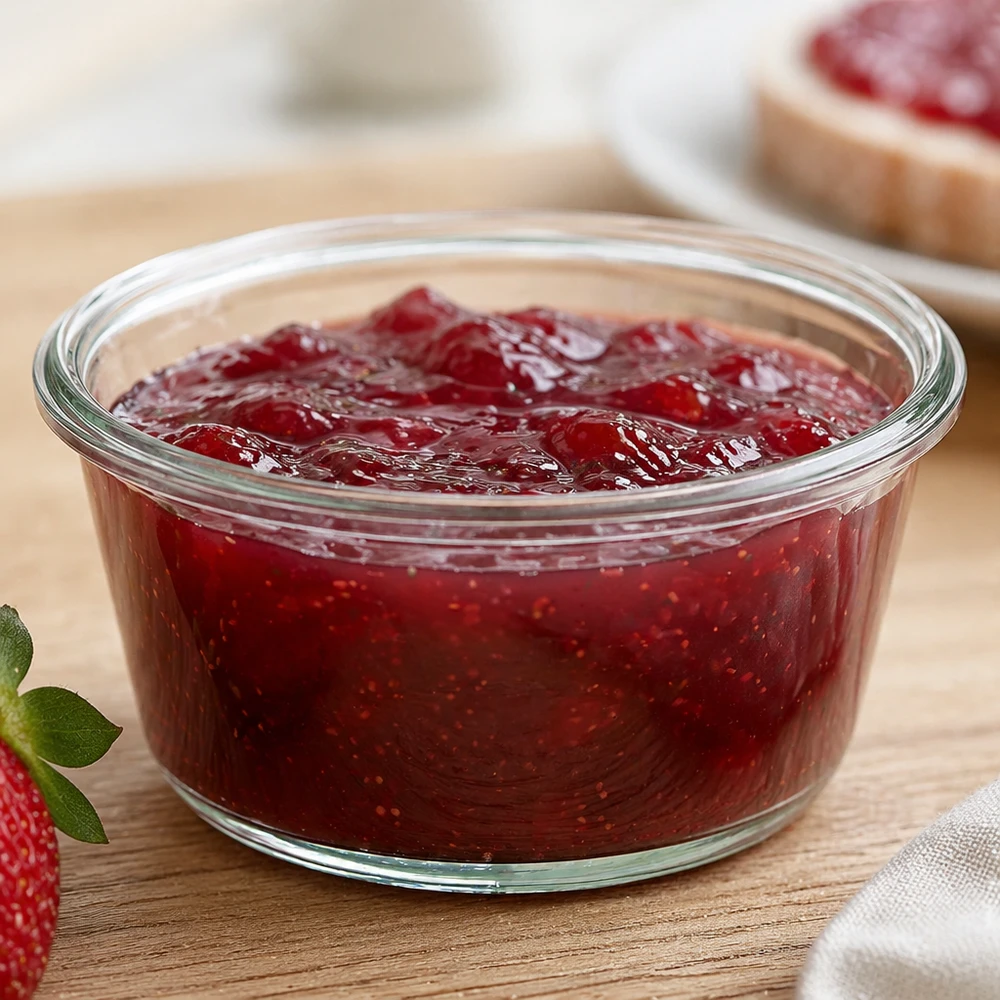 WECK RR100 Pot gourmand de 290ml rempli de confiture de fraise sur une planche de cuisine à côté de la fraise et du pain avec la confiture