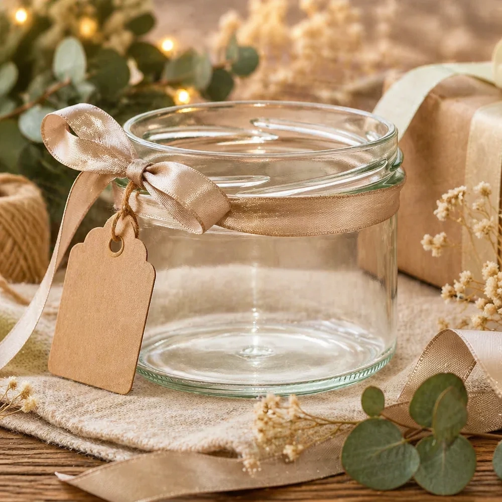 UNiTWIST Sturz225 - Verre renversé contenu 225ml TO82 UNiTWIST Sturz225 Verre renversé 225ml TO82 vide avec ruban doré et étiquette cadeau sur table en bois rustique