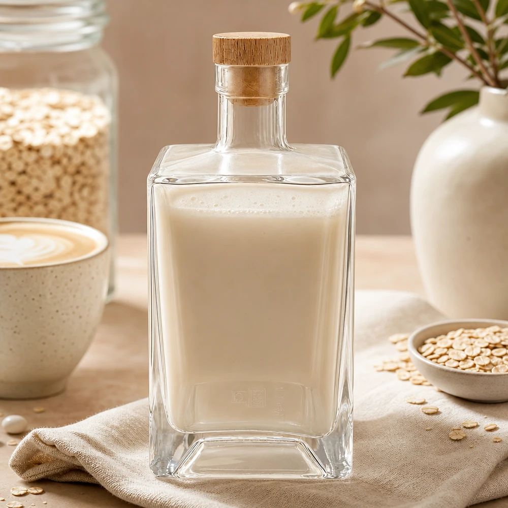 Bouteille en verre 700 ml « Ben » avec bouchon en bois UNiTWIST® Bouteille en verre Ben de 700 ml remplie de lait d'avoine à côté de flocons d'avoine et d'une tasse de café Scène de cuisine naturelle UNiTWIST